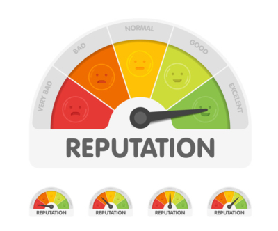 Reputation meter withdifferent emotions. Measuring gauge indicator vector illustration. Black arrow in coloured chart background.